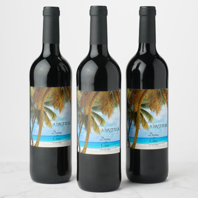Beach, Palm Trees, Ocean Wedding Wine Label (Bottles)