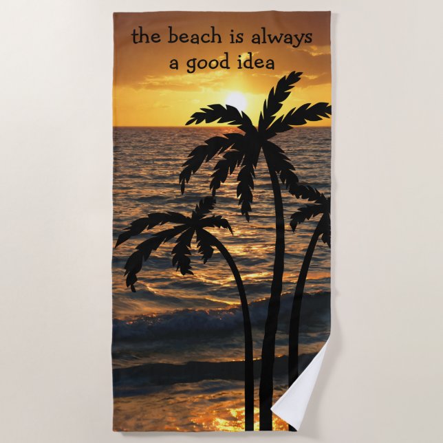 Beach Palm Trees Sunset Silhouette Beach Towel (Front)
