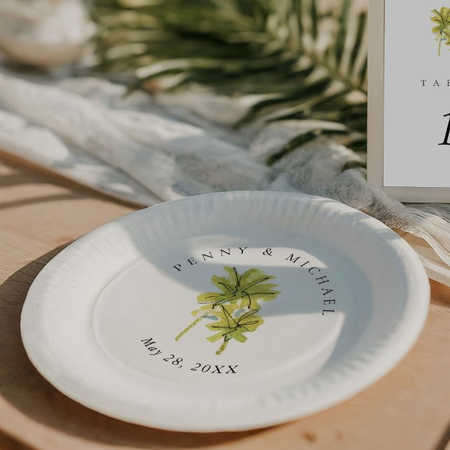 Beach Palm Trees Tropical Minimal Paper Plate (Tropical beach watercolor palm trees chic wedding paper plates.)