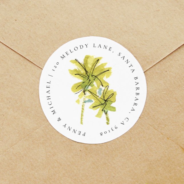 Beach Palm Trees Tropical Return Address Classic Round Sticker (Creator Uploaded)