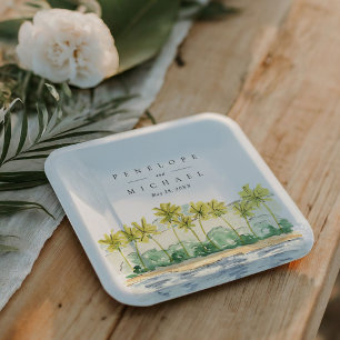 Beach Palm Trees Tropical Watercolor Wedding Paper Plate