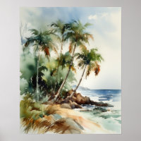 Beach Palm Trees Watercolor Art Print Poster
