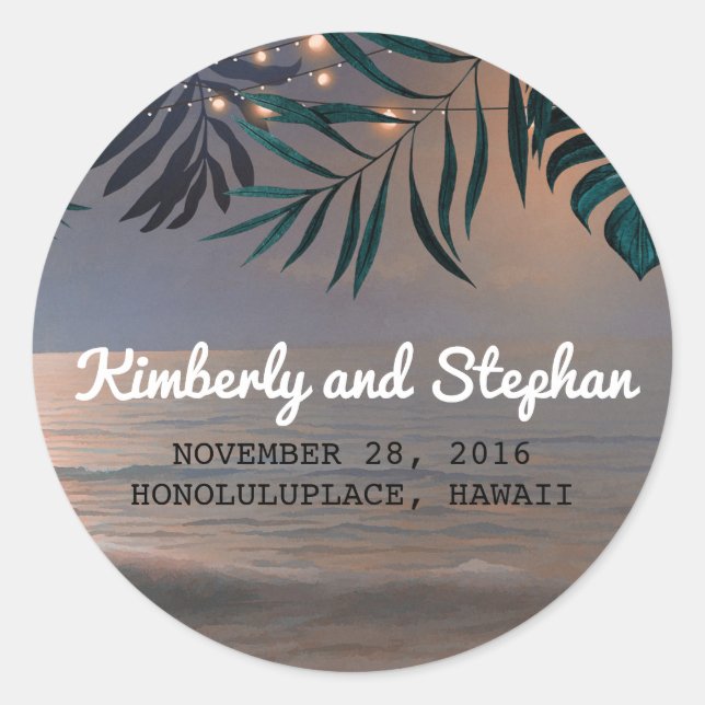 Beach Palms and String Lights Destination Wedding Classic Round Sticker (Front)