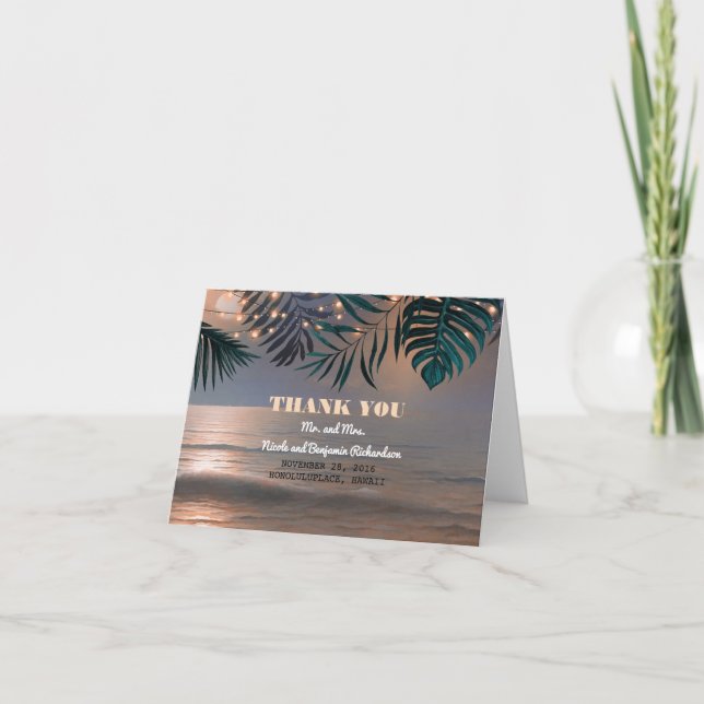 Beach Palms and String Lights Tropical Thank You Card (Front)