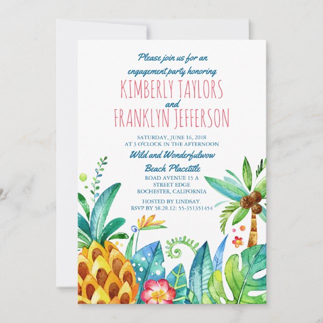 beach palms pineapple watercolor engagement party invitation (Front)