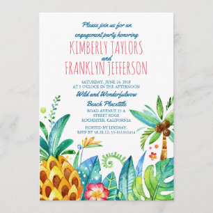 beach palms pineapple watercolor engagement party invitation