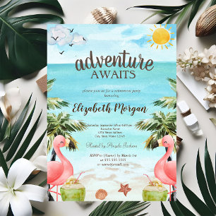 Beach Palms Pink Flamingos Cocktails  Invitation