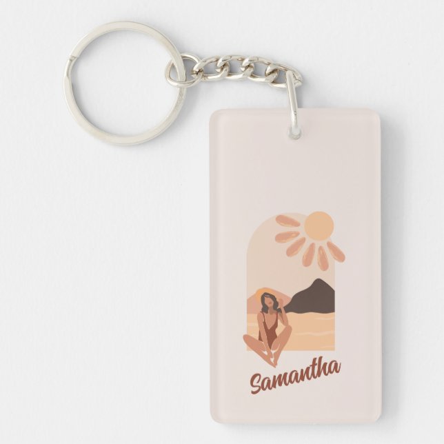 Beach Paradise Summer Retro Custom Name Keychain (Front)