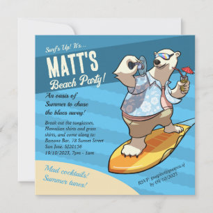 Beach Party Add Your Details Surfing Polar Bear Invitation