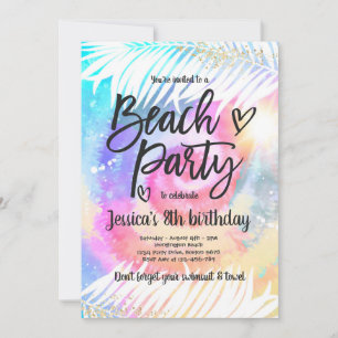 Beach Party Birthday Pink Tie Dye Girl Beach Party Invitation