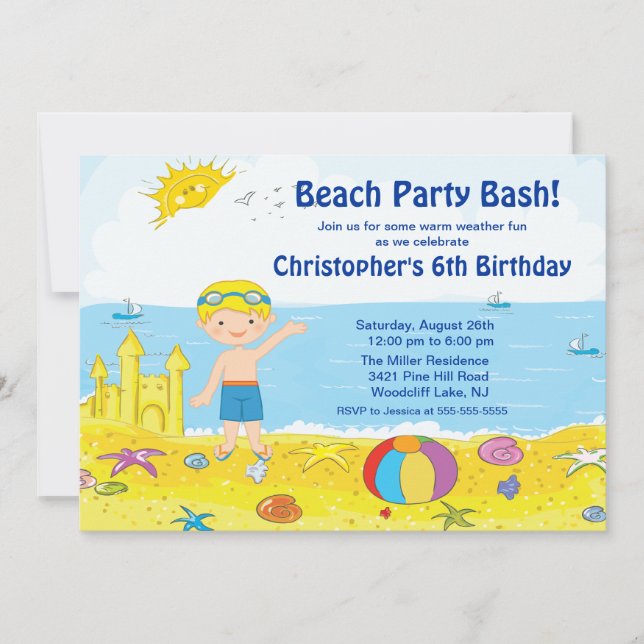 Beach Party Boy Swimming Birthday Invitation (Front)