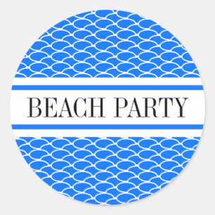 BEACH PARTY Bright Blue White Waves Racing Stripes Classic Round Sticker