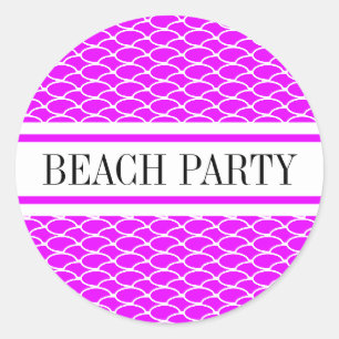BEACH PARTY Bright Pink White Waves Racing Stripes Classic Round Sticker