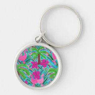 Beach Party Flamingos and Palm Key Chain