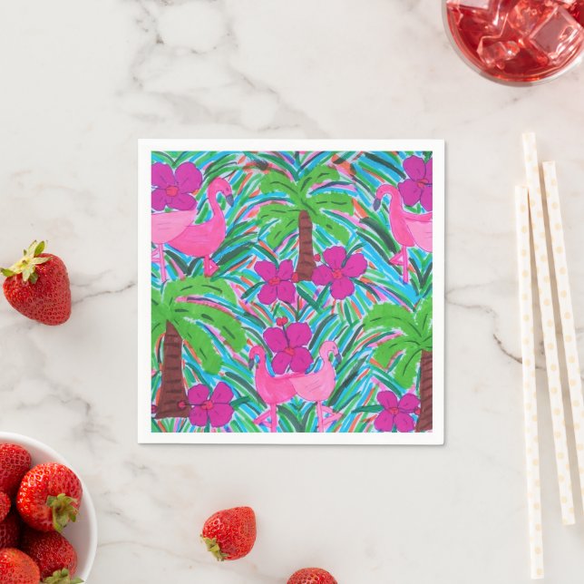 Beach Party Flamingos and Palm Trees  Napkin (Insitu)