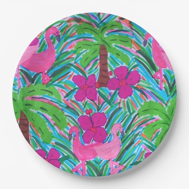 Beach Party Flamingos and Palm Trees Paper Plate (Front)