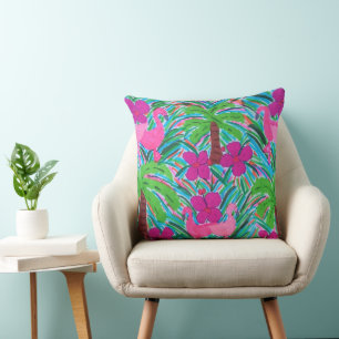 Beach Party Flamingos and Palm Trees Throw Pillow