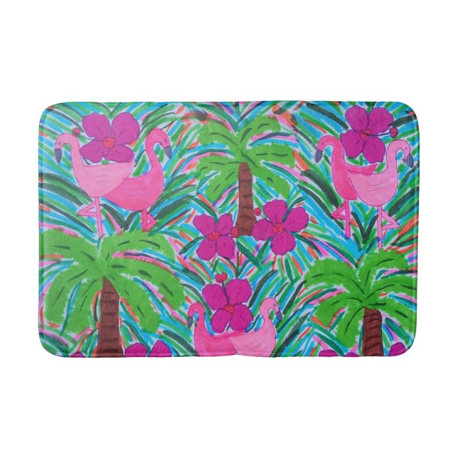 Beach Party Flamingos and Palms Bath Mat (Front)