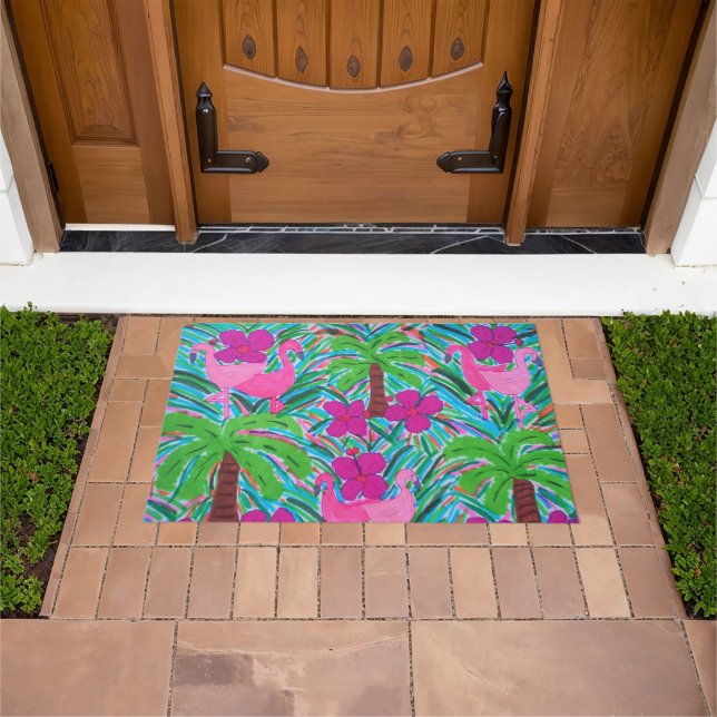 Beach Party Flamingos and Palms  Doormat (Outdoor)