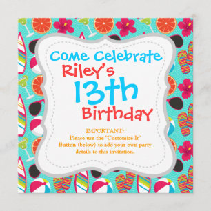 Beach Party Flip Flops Sunglasses Beach Ball Teal Invitation