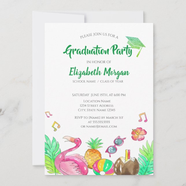 Beach Party Green Glitter Grad Cap,Graduation  Invitation (Front)