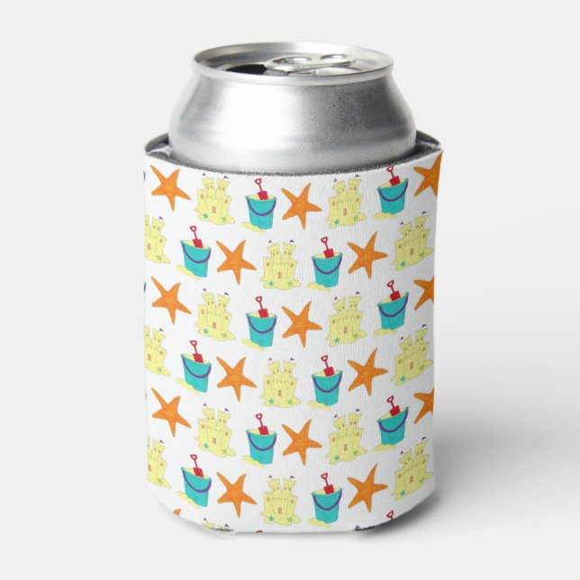 Beach Party Sandcastle Starfish Sand Bucket Can Cooler (Can Front)