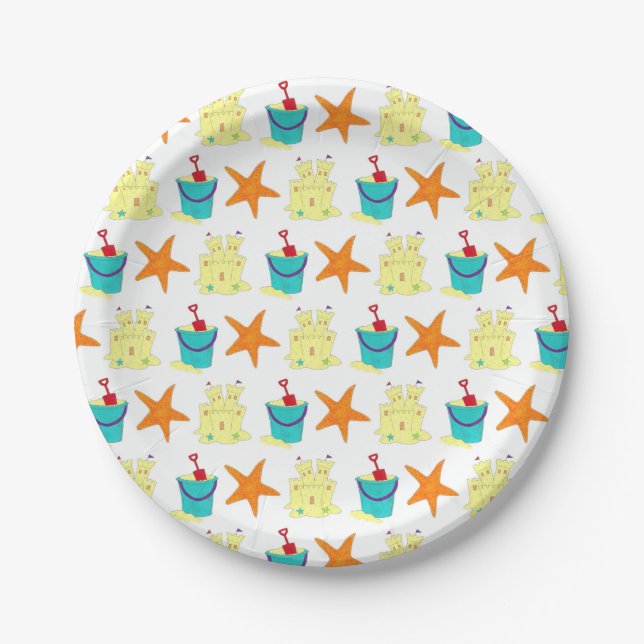 Beach Party Sandcastle Starfish Sand Bucket Paper Plate (Front)
