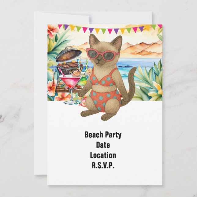 Beach Party Siamese Cat Beach Tropical Summer  Invitation (Front)