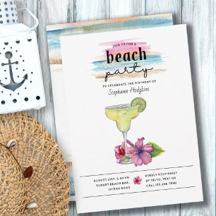 Beach Party Sunset Margarita and Hibiscus Birthday Invitation