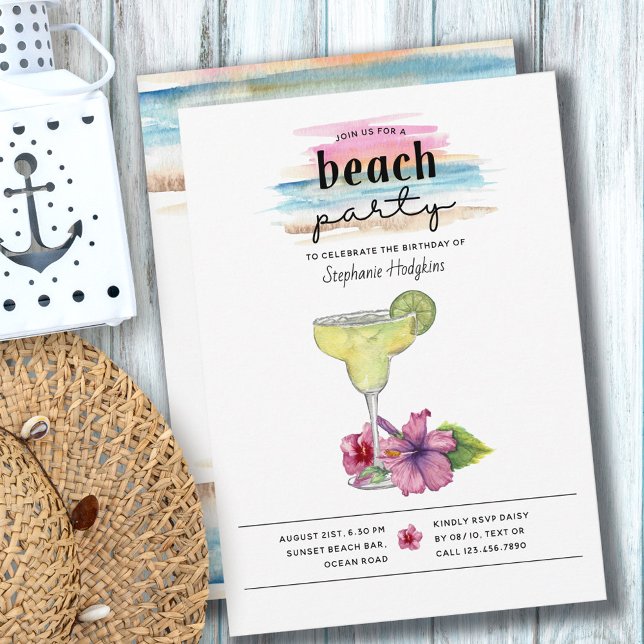 Beach Party Sunset Margarita and Hibiscus Birthday Invitation (Creator Uploaded)