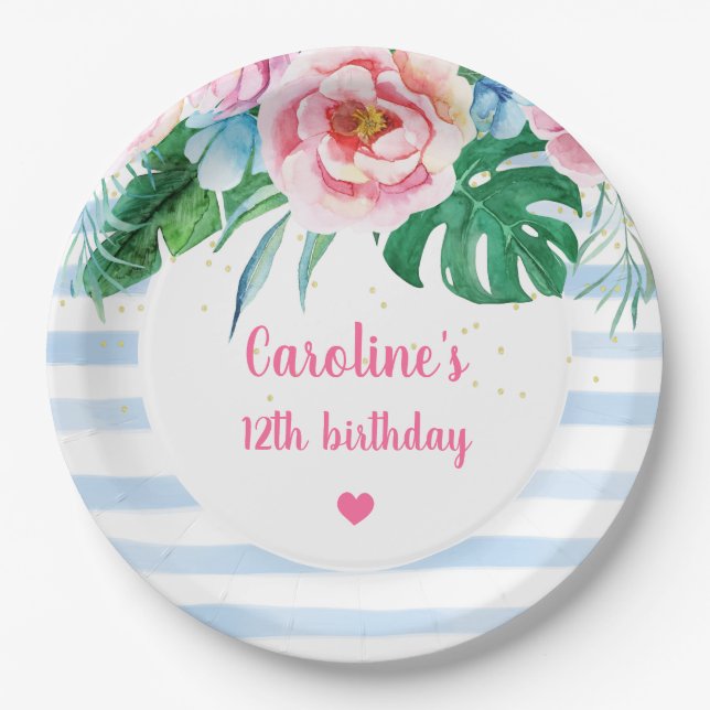 Beach Party Tropical Floral Blue Stripes Birthday Paper Plate (Front)