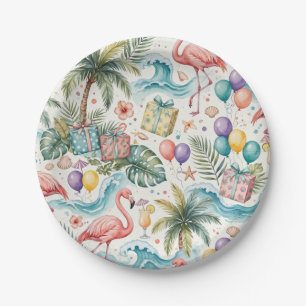 Beach Party Tropical Palm Trees Pink Flamingos Paper Plate