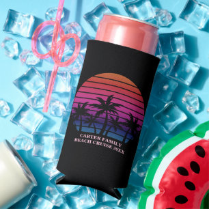 Beach Party Tropical Sunset Pink Black Palm Trees Seltzer Can Cooler
