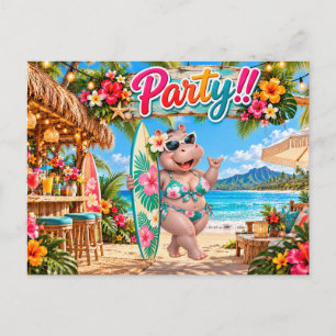 Beach Party with Hippo Invitation Postcard