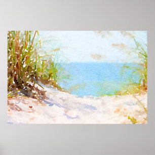 Beach Path Ocean Grass Watercolor Poster