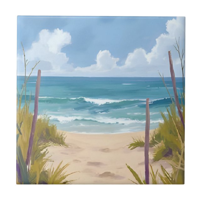 Beach Path | Ocean Watercolor Coastal Painted Ceramic Tile (Front)