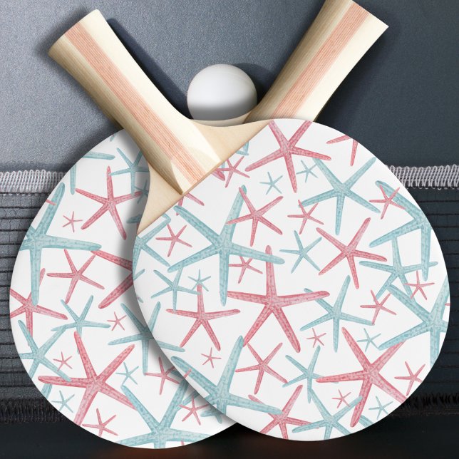Beach Pattern Ping Pong Paddle (Fun Teal Pink Nautical Starfish Summer Beach House Ping Pong Paddle)
