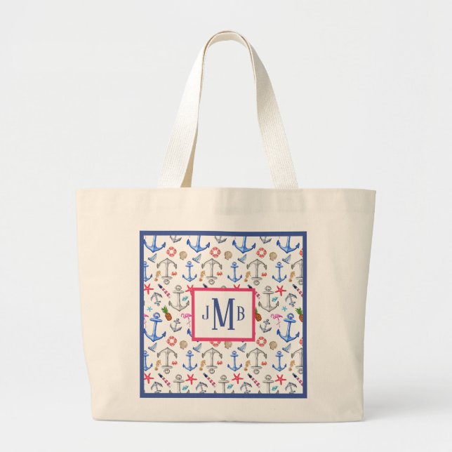 Beach Pattern Summer Monogram Large Tote Bag (Front)