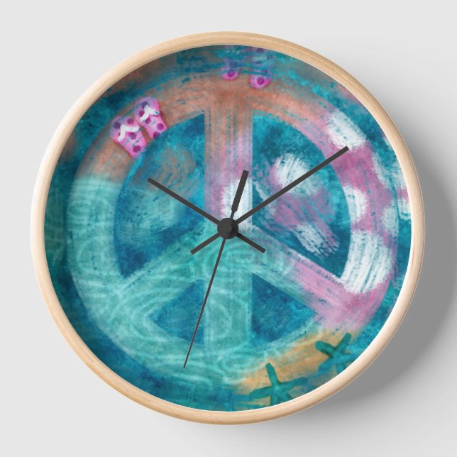 Beach Peace Sign Abstract Art Teal Pink Whimsical Clock (Front)