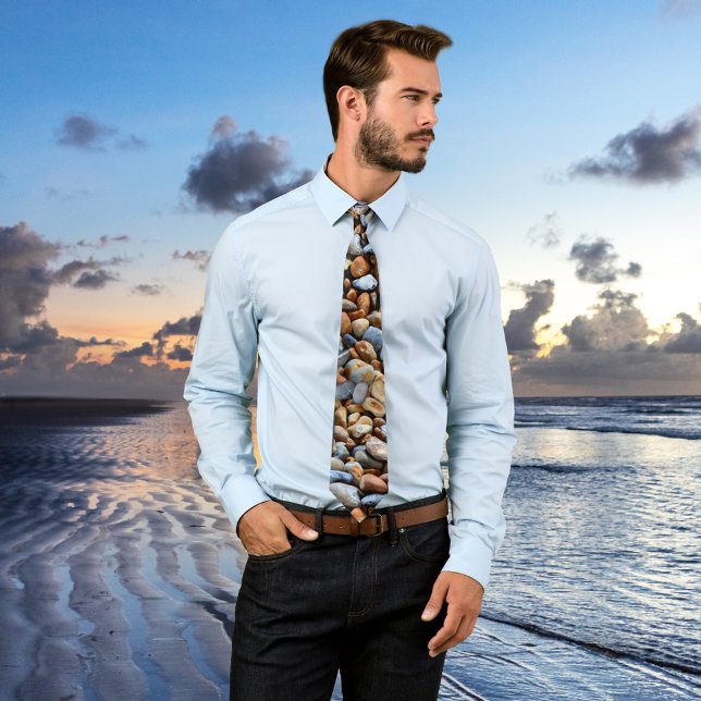 Beach Pebbles Pattern Tie (A modern tie featuring a beach pebbles pattern design. Natural colors and style)