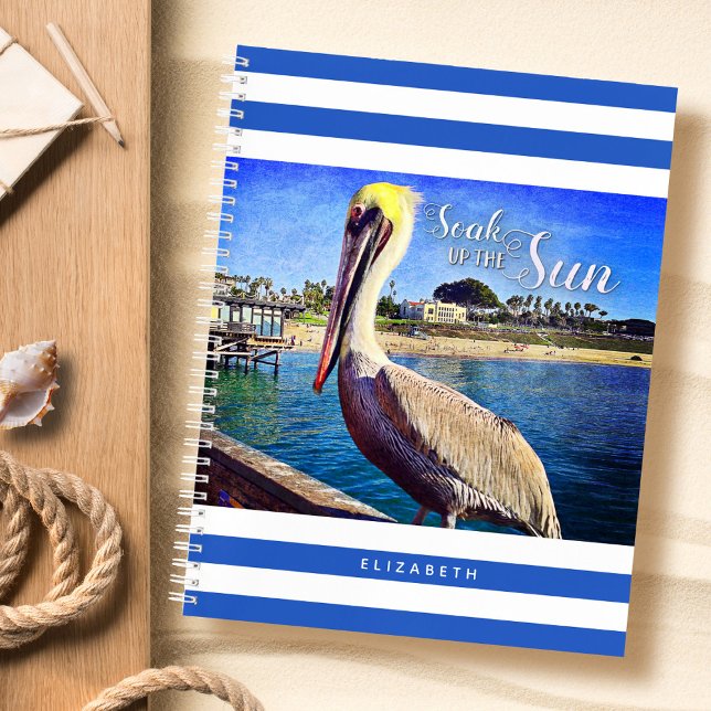 Beach Pelican Blue White Stripes Soak up the Sun Notebook (Creator Uploaded)