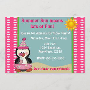 Beach Penguin Pink Girls Birthday Invitation