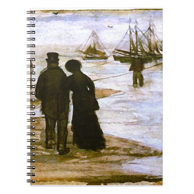 Beach People Walking & Boats Van Gogh Fine Art Notebook (Front)