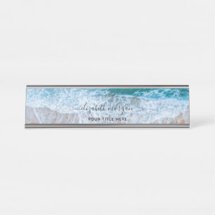 Beach Personalised Blue Script Elegant Desk Name Plate