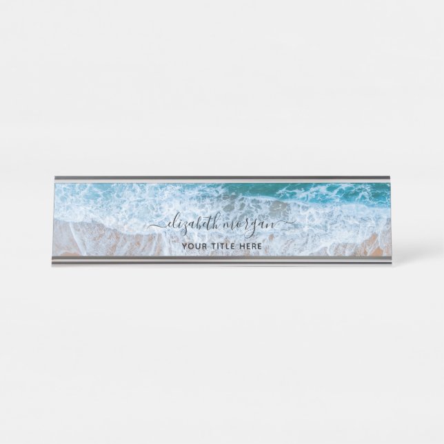 Beach Personalised Blue Script Elegant Desk Name Plate (Front)