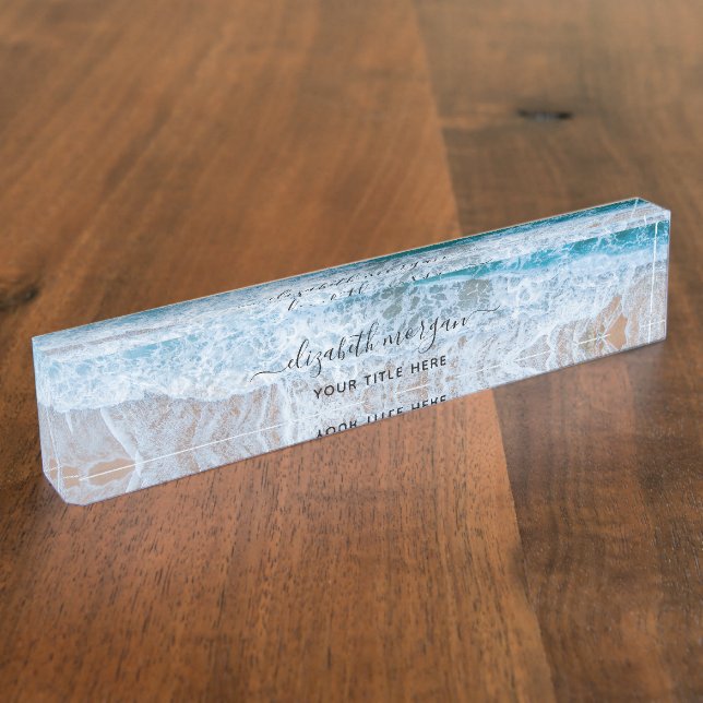 Beach Personalised Blue Script Elegant Nameplate (Side)