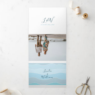 Beach Photo Blue Wedding Tri-Fold Invitation
