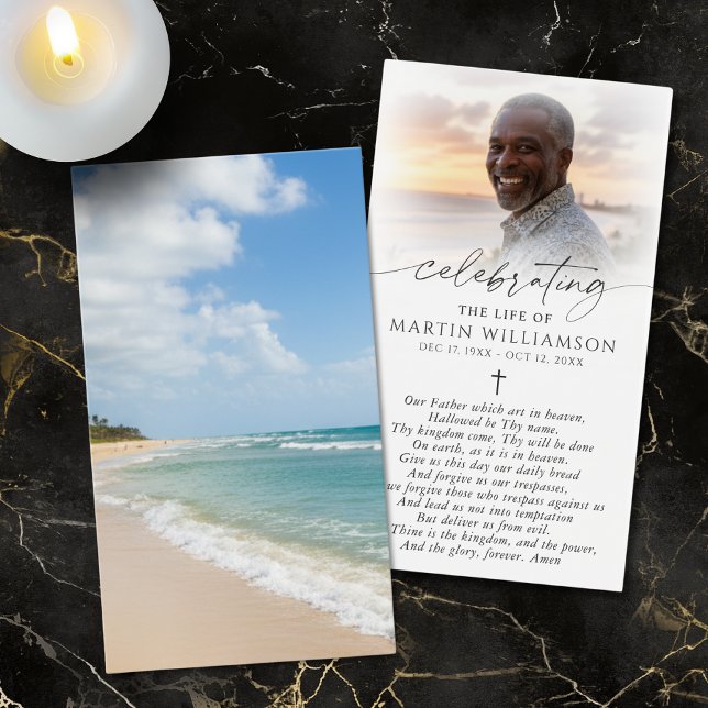 Beach Photo Cross Funeral Sympathy Prayer Card (Creator Uploaded)