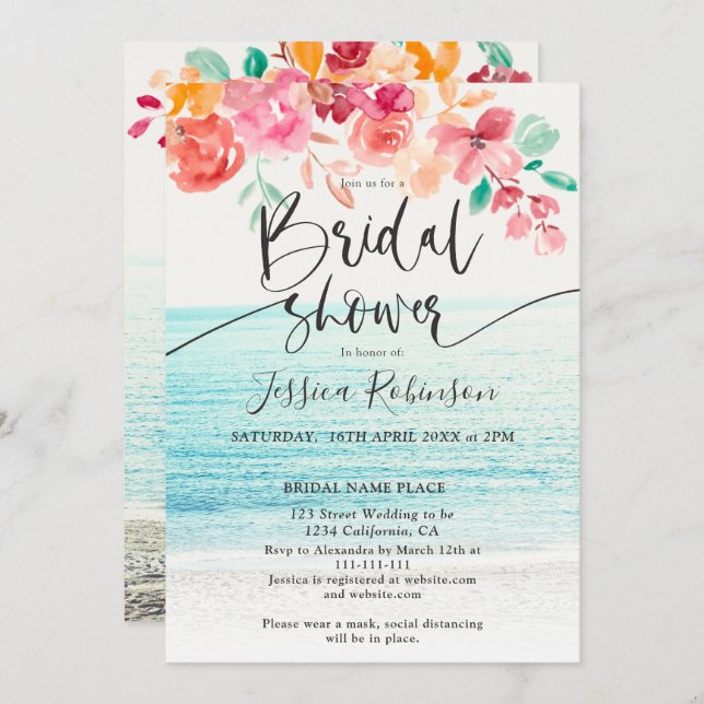 Beach photo floral watercolor fall bridal shower invitation (Front/Back)