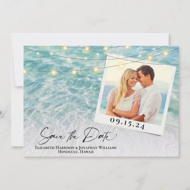 Beach Photo Palm String Lights Destination Wedding Save The Date (Front)